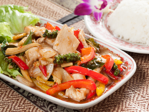 Phad kra prao chicken or with pork