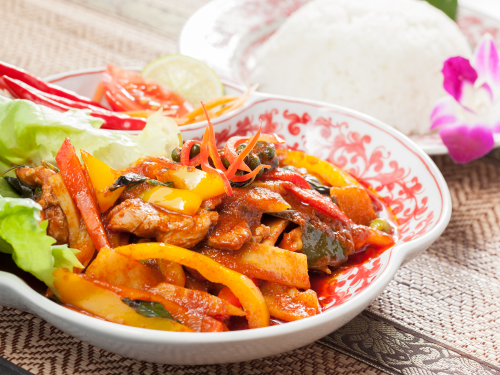 Phad prik kang with scampis or seafood
