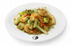 Stir-fried noodles with scampis