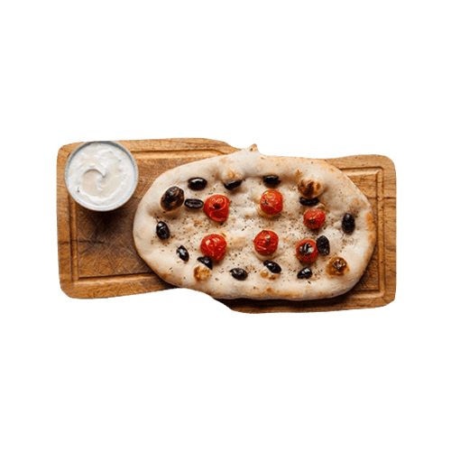 Focaccia with olives and cherry tomatoes and garlic sauce