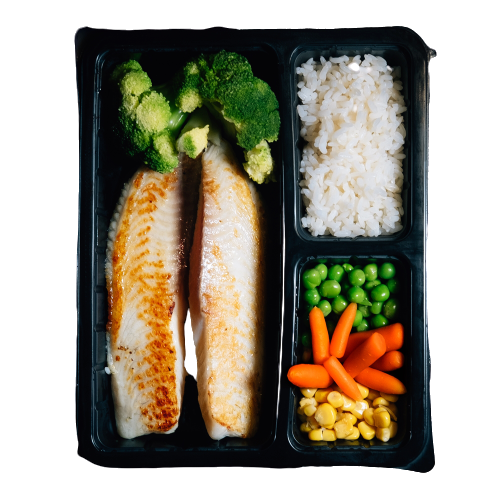 WHITE FISH WITH VEGETABLES AND RICE