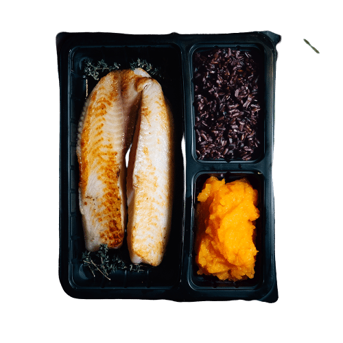 White fish with sweet potato puree and black rice
