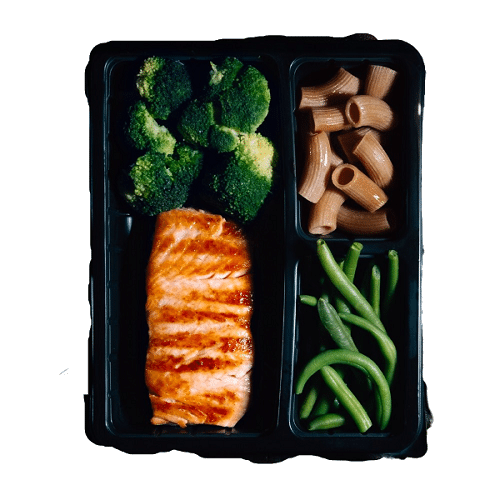 SALMON TROUT WITH GREEN VEGETABLES AND FRESH PASTA