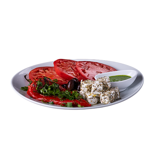 Розов домат с печени чушки и фета сирене