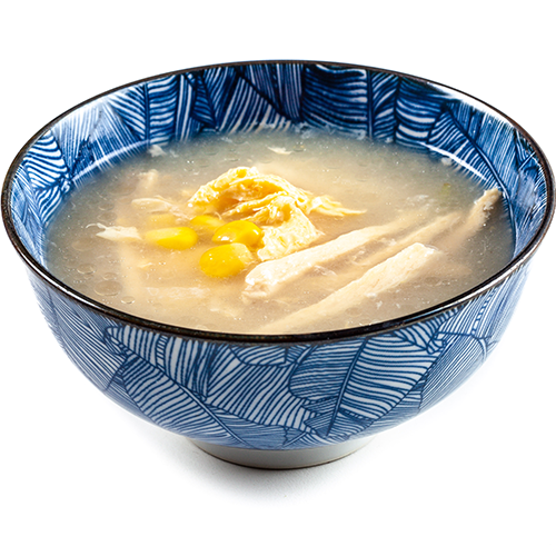 Mais- und Pouletfleischsuppe mit Eiern