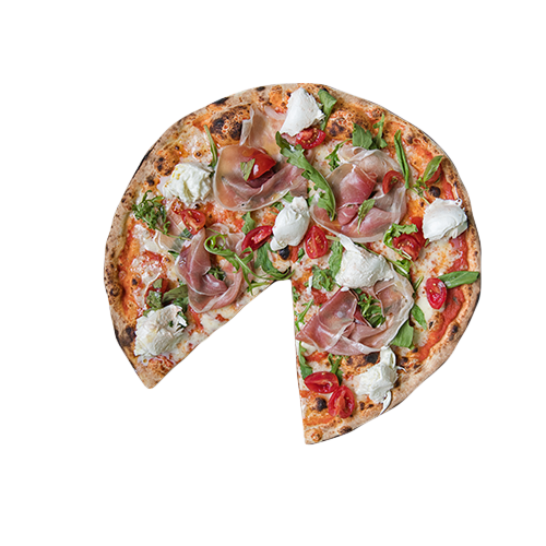 Pizza mit Rohschinken, Büffel-Mozzarella, Rucola und Cherrytomat