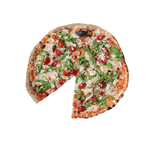 Pizza mit Rucola, Parmesan und Cherrytomaten