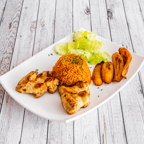 Jollof Rice with Plantain & Chicken Wings