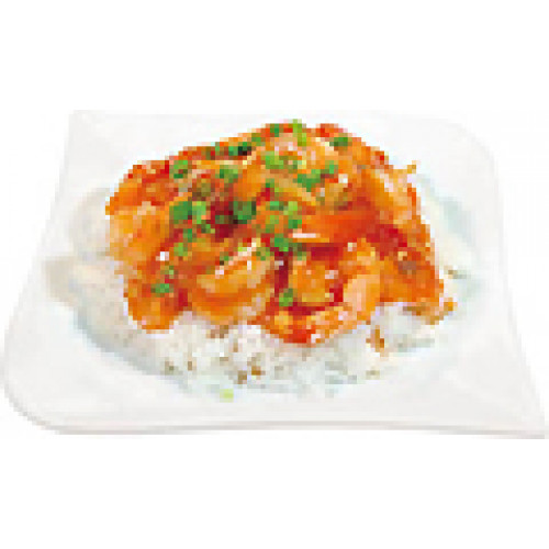 Crevettes à la sauce épicé sur riz nature