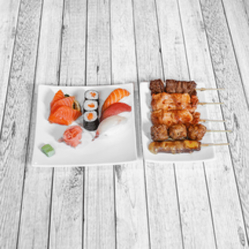M10 - Menu brochettes x5 et sushi x3, maki x3 et sashimi x3