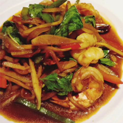 Phad Bai Hoarapha crevettes charnues