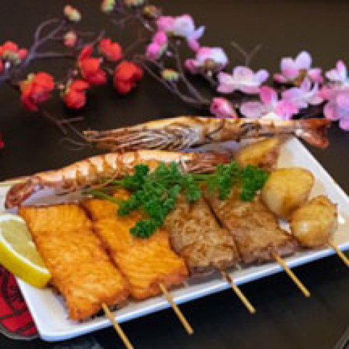 B6 - Menu Brochette de 2 Saumon, 2 Thon, 2 Gambas et 1 St-Jaques