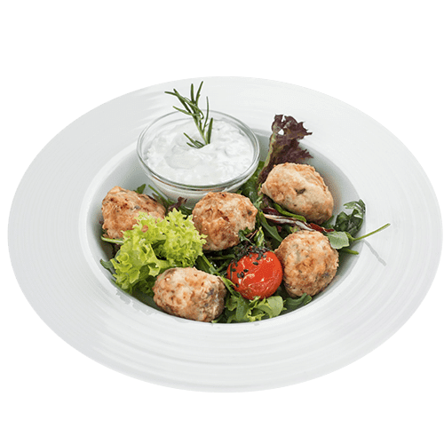 Chiftele de peste cu mix de salate si sos