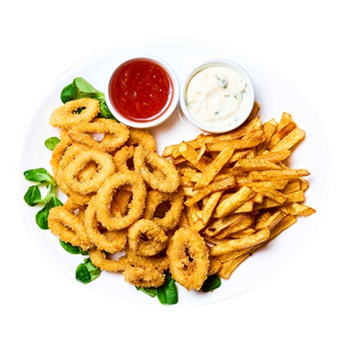 Inele de calamari pane cu cartofi prajiti