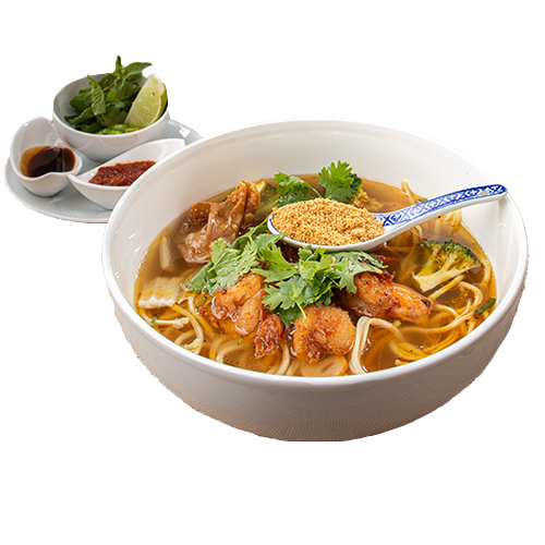 Big bowl noodle soup Boiled ocean prawns