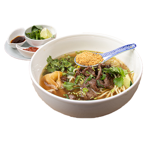 Big bowl noodle soup Wok seared beef