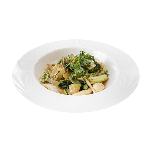 Wok saute fresh cut vegetables in soya and oyster sauce