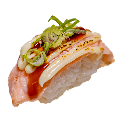 Flambéd salmon avocado nigiri