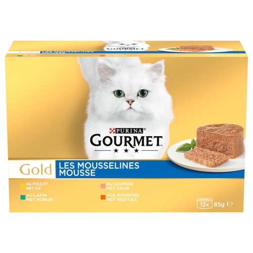 Gourmet Gold Aliment Chat Mousse Poulet Lapin Saumon et Rognons 12x85g