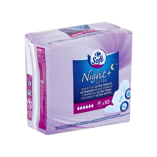 Carrefour Soft Night+ Ultra Serviettes Ultra Minces 10 Pièces