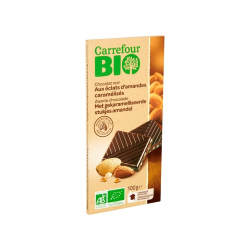 Carrefour Bio Chocolat Noir aux Éclats d''Amandes Caramélisés 100 g