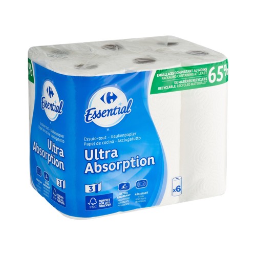 Carrefour Essential Essuie-Tout Ultra Absorption 3-Épaisseurs 6 Rouleaux