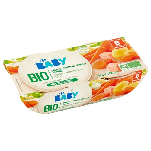 Carrefour Baby Bio Carotte, Pomme de Terre et Saumon 8M+ 2 x 200 g