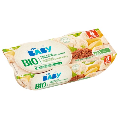 Carrefour Baby Bio Chou-Fleur, Pomme de Terre et Boeuf 8M+ 2 x 200 g