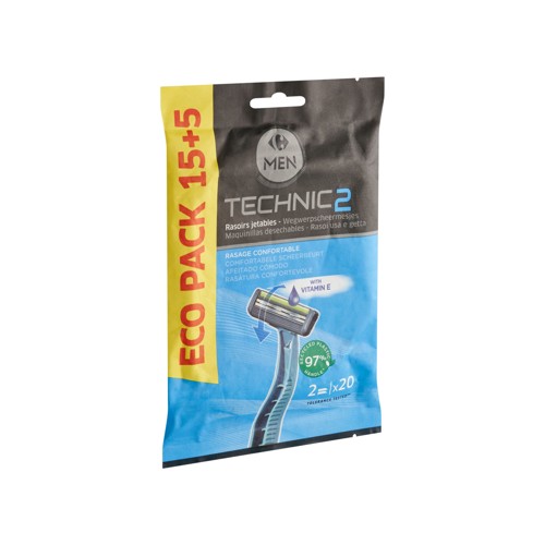 Carrefour Men Technic 2 Rasoirs Jetables Eco Pack 15+5 20 Pièces