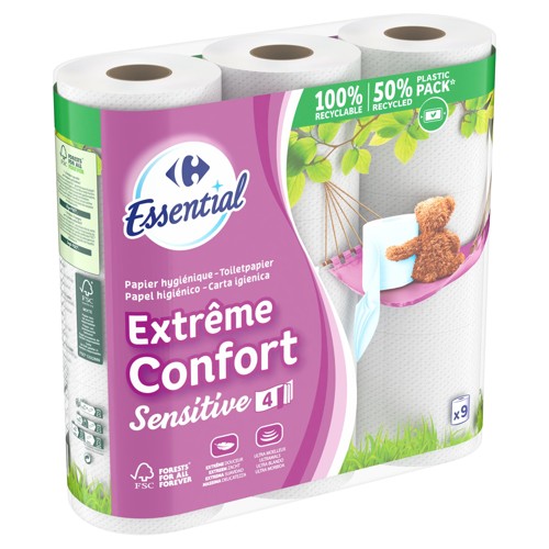 Carrefour Essential Papier Confort Sensitive 4-Épaisseurs 9 Rouleaux