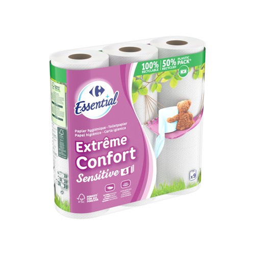 Carrefour Essential Papier Confort Sensitive 4-Épaisseurs 9 Rouleaux