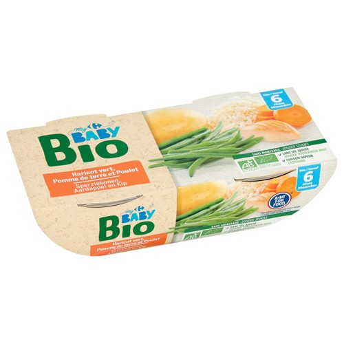 Carrefour Baby Bio Haricot Vert, Pomme de Terre et Poulet 6M+ 2x200 g