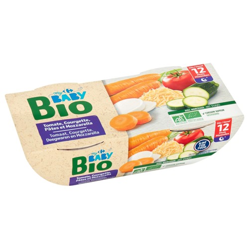 Carrefour Baby Bio Tomate, Courgette, Pâtes, Mozzarella 12M+ 2 x 200 g
