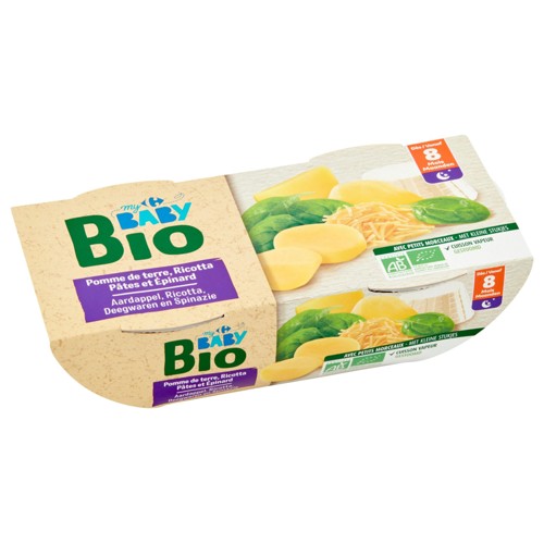 Carrefour Baby Bio Pomme de Terre, Ricotta Pâtes Épinard 8M+ 2 x 200 g