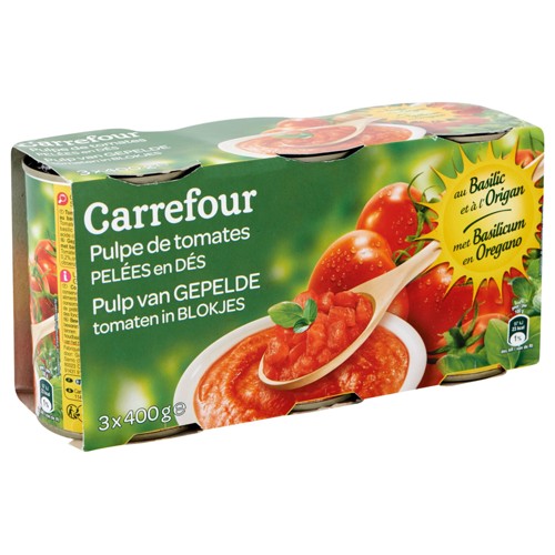 Carrefour Pulpe de Tomates Pelées en Dés Basilic et Origan 3 x 400 g