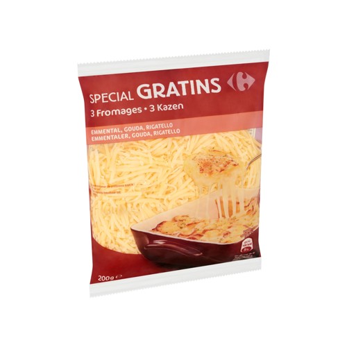 Carrefour Spécial Gratins 3 Fromages Emmental, Gouda, Rigatello 200 g