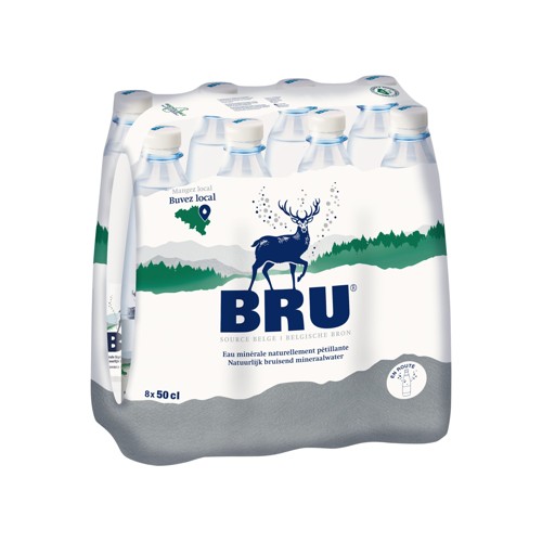 BRU Eau Minérale Naturelle Naturellement et Légèrement Pétillante PET 8 x 50 cl