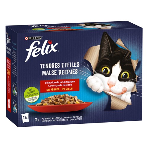 Felix Aliment Chat Tendres Effilés Sélection de la Campagne en Gelée 12x85g