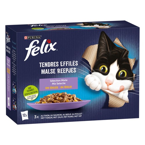 Felix Aliment Chat Tendres Effilés Sélection Mixte en Gelée 12x85g