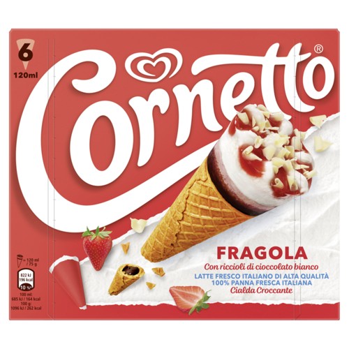 Cornetto Glace à la Fraise Aromatisée et Glace Parfum Vanille 6 x 75 g