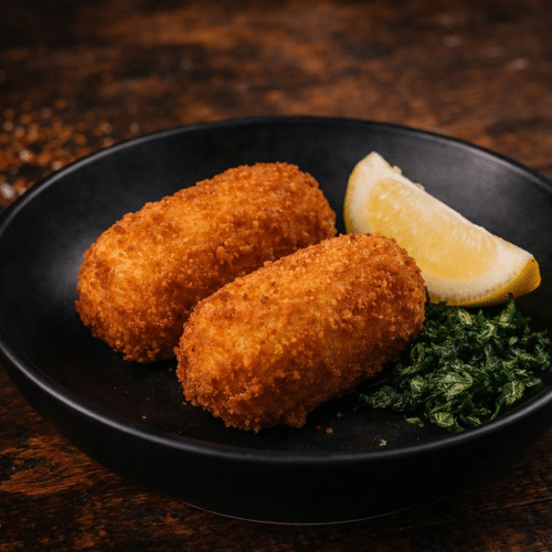 Duo de croquettes aux crevettes grises et persil frit