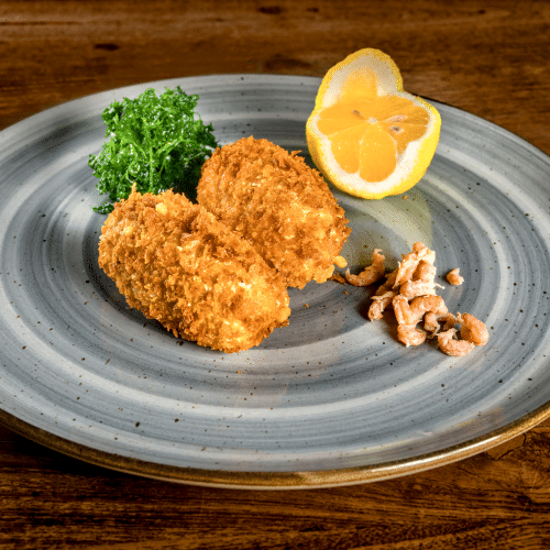Duo de croquettes aux crevettes grises et persil frit