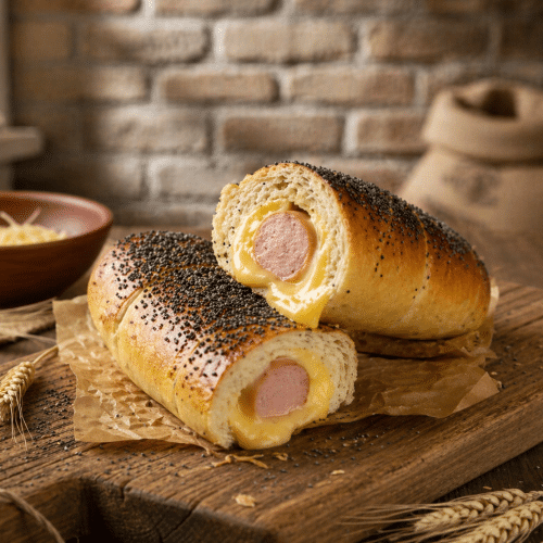 Pretzel dog met kippenworst en kaas