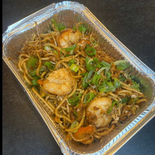 Roergebakken noedels met scampi