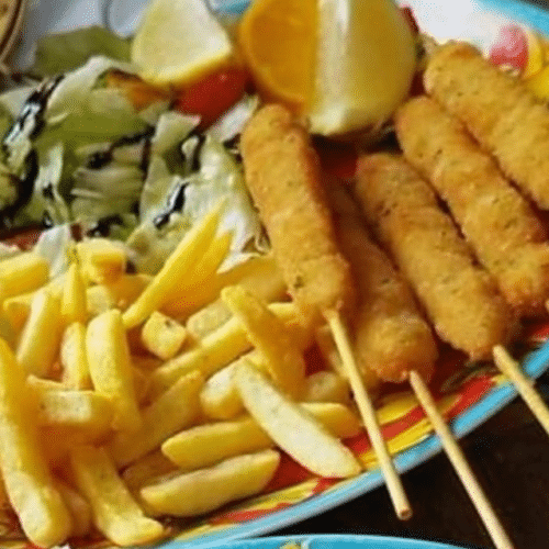 Brochettes calamars- frite