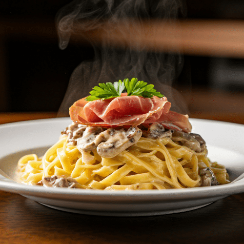 Tagliatelle con bresaole e funghi