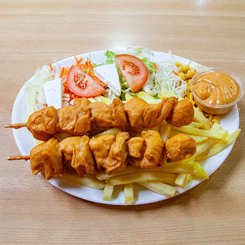 Breaded turkey skewer