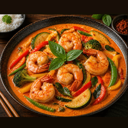 Rode curry met scampi's en rijst