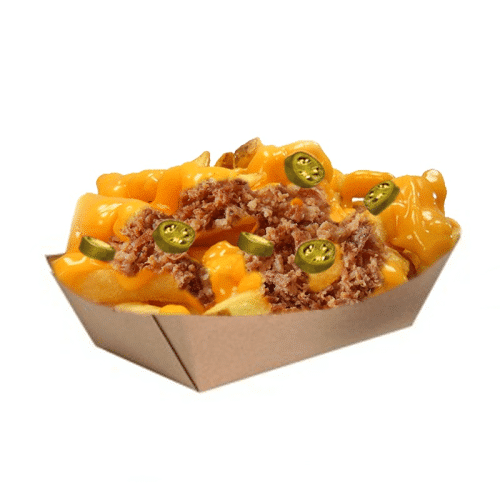 Barquette de frites cheddar fondu, jalapenos et oignons frits