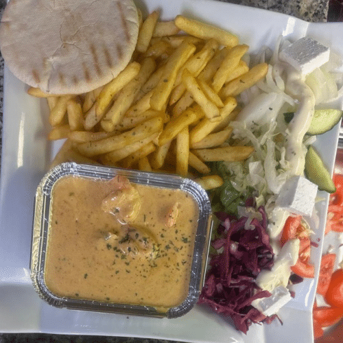 Schotel scampis diablo pikante saus